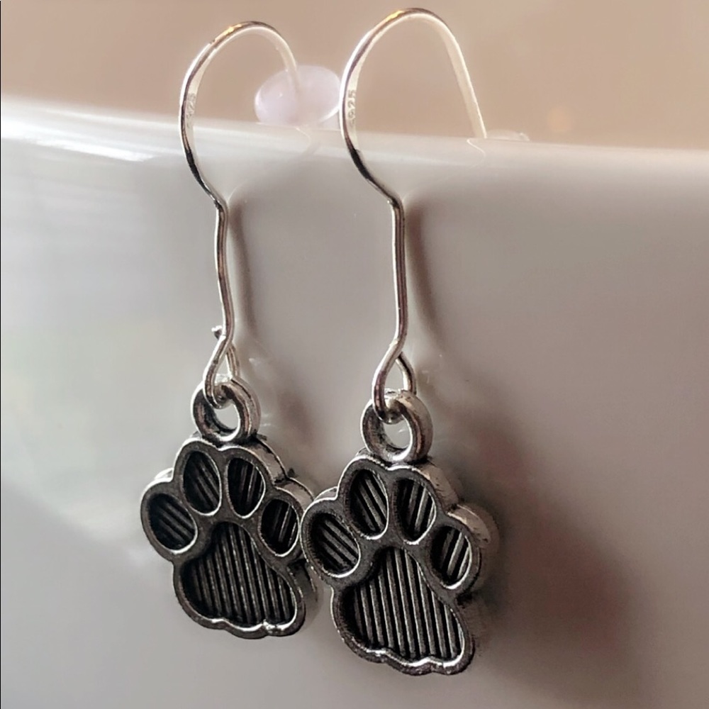 Paw print sterling silver dangle earrings